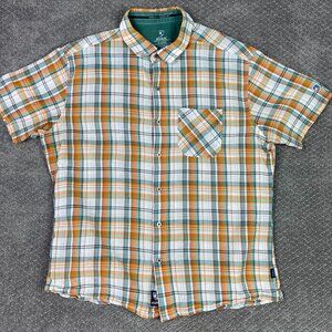 Kuhl Shirt Button Up Organic Cotton Men's XL fits like Large Orange Plaid Hiking